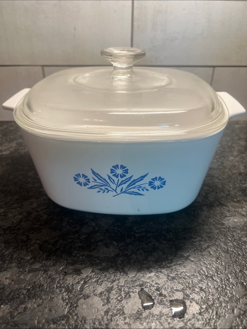 Corningware White Casserole Dish with Blue Cornflower Blue pattern.  Lid too!!!